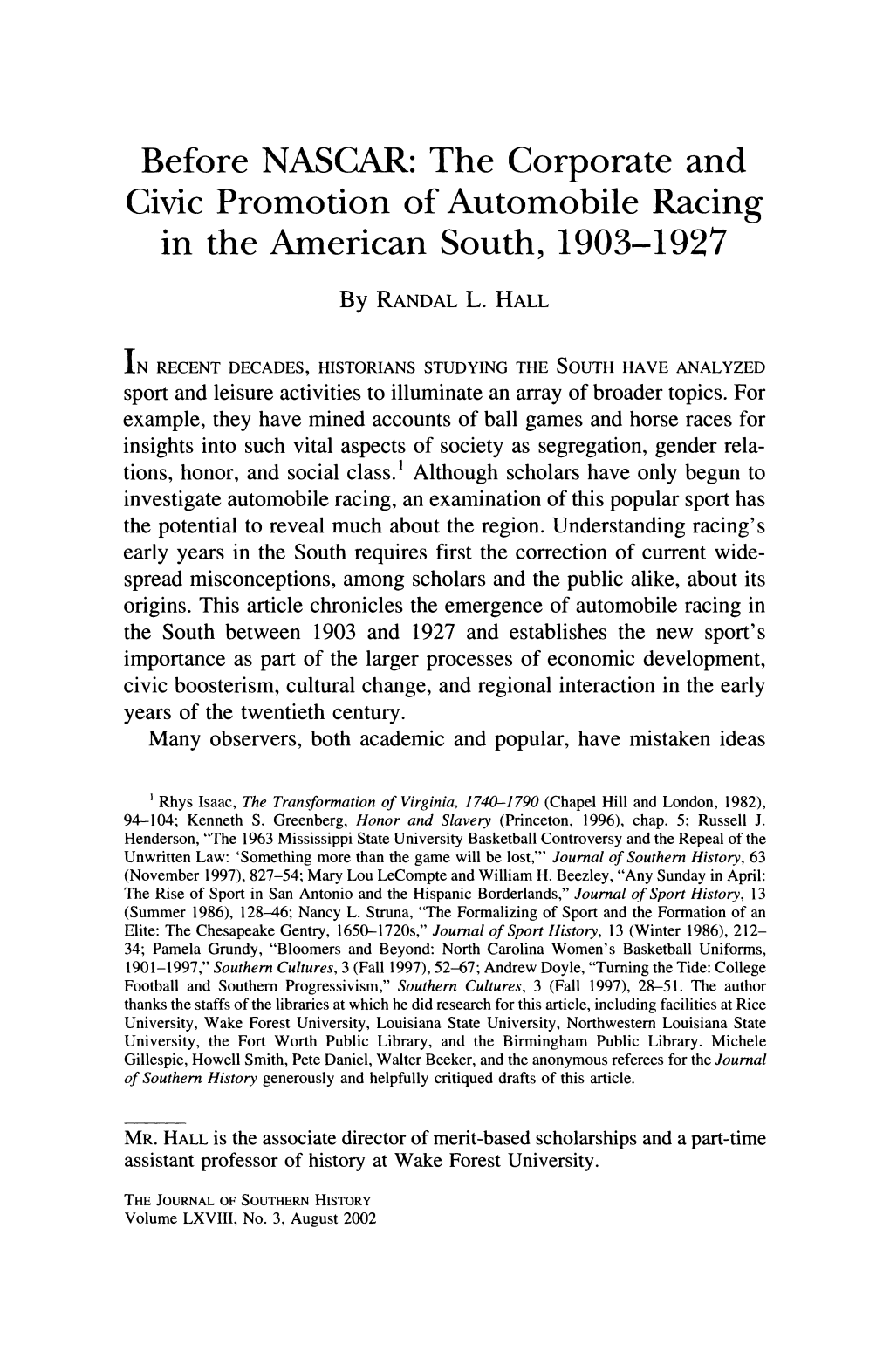 Before NASCAR: the Corporate and Civic Promotion of Automobile Racing in the American South, 1903-1927