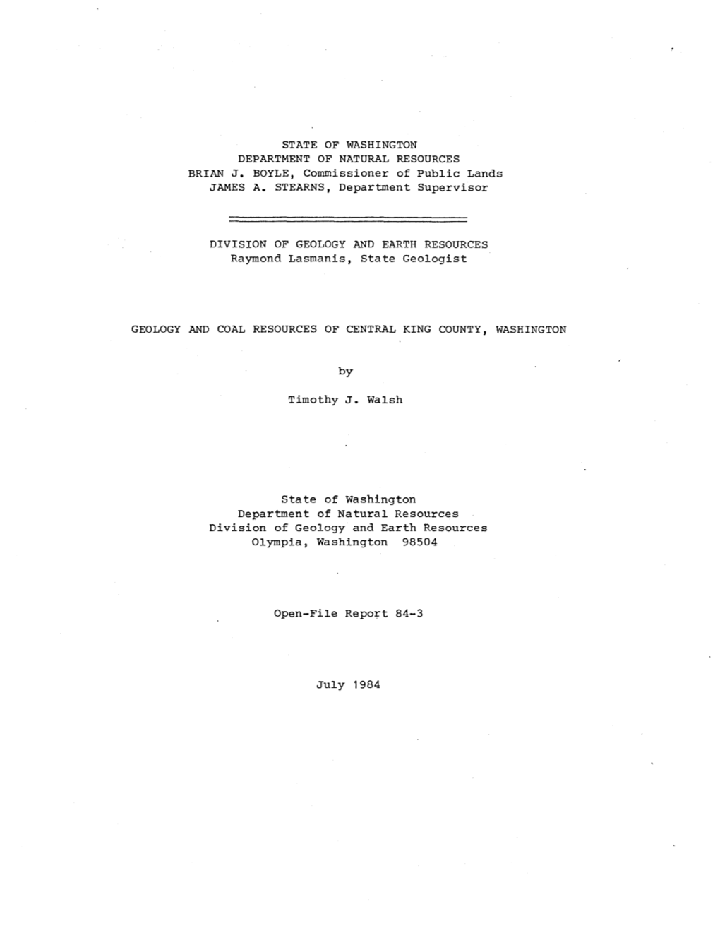 Washington Division of Geology and Earth Resources Open File Report 84-03, Geology and Coal Resources of Central King County, Wa