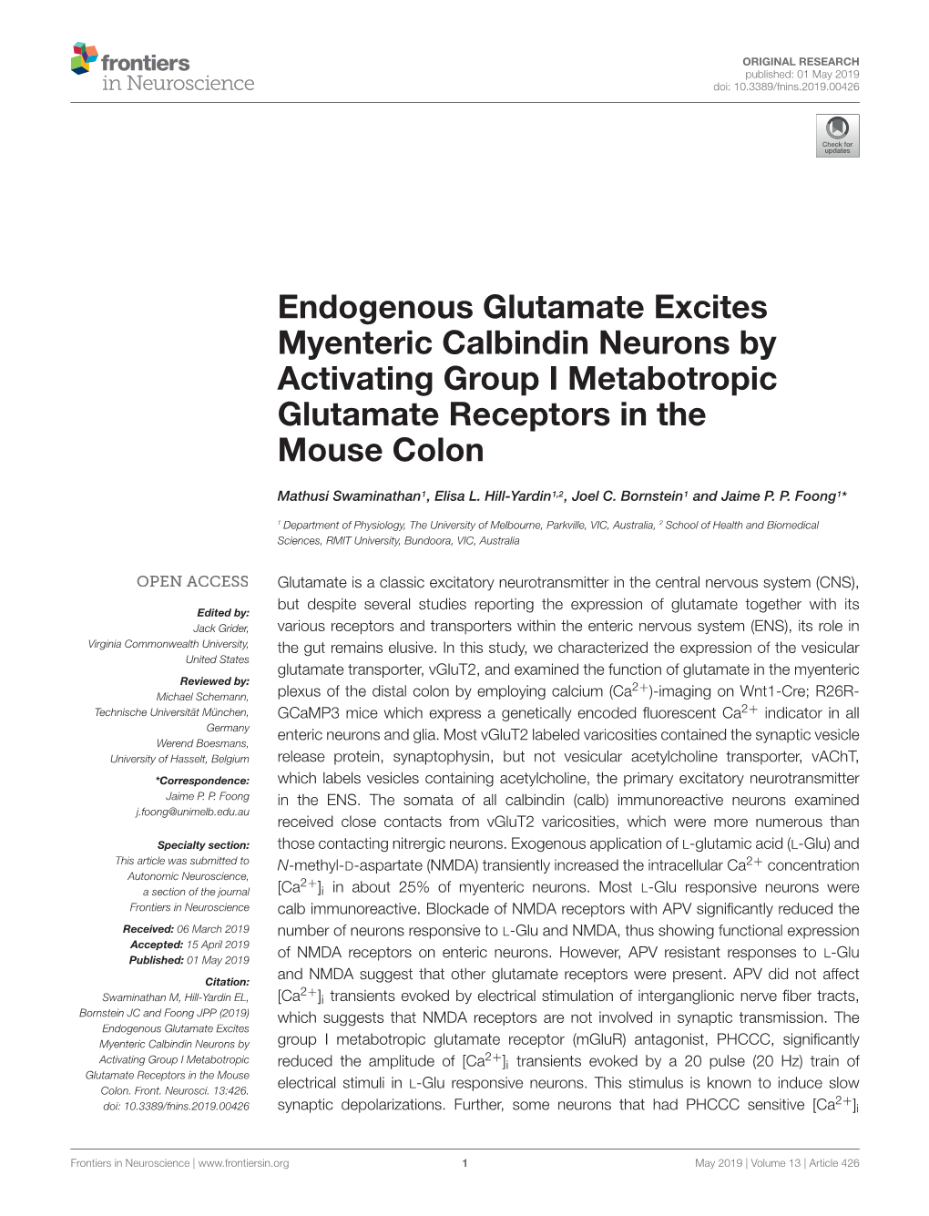 Endogenous Glutamate Excites Myenteric Calbindin Neurons by Activating Group I Metabotropic Glutamate Receptors in the Mouse Colon