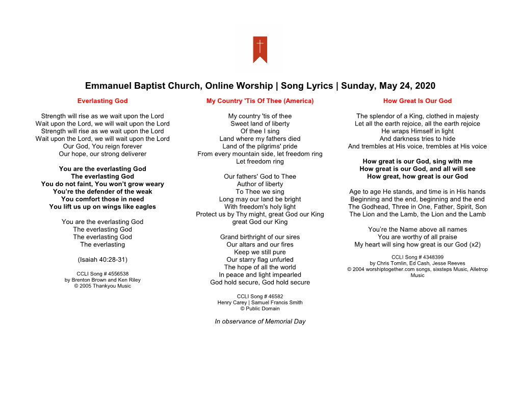 Emmanuel Baptist Church, Online Worship | Song Lyrics | Sunday, May 24, 2020
