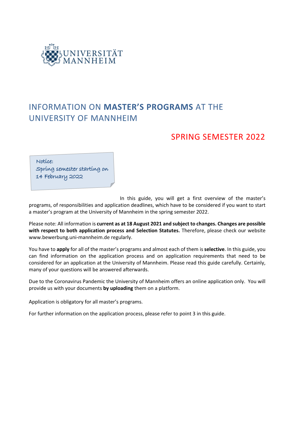 Information on Master's Programs at the University of Mannheim