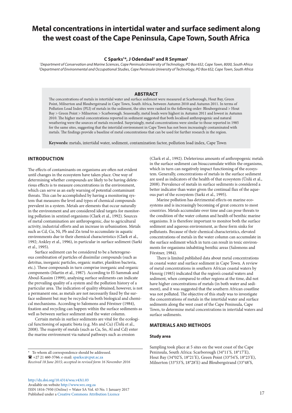 Metal Concentrations in Intertidal Water and Surface Sediment Along the West Coast of the Cape Peninsula, Cape Town, South Africa