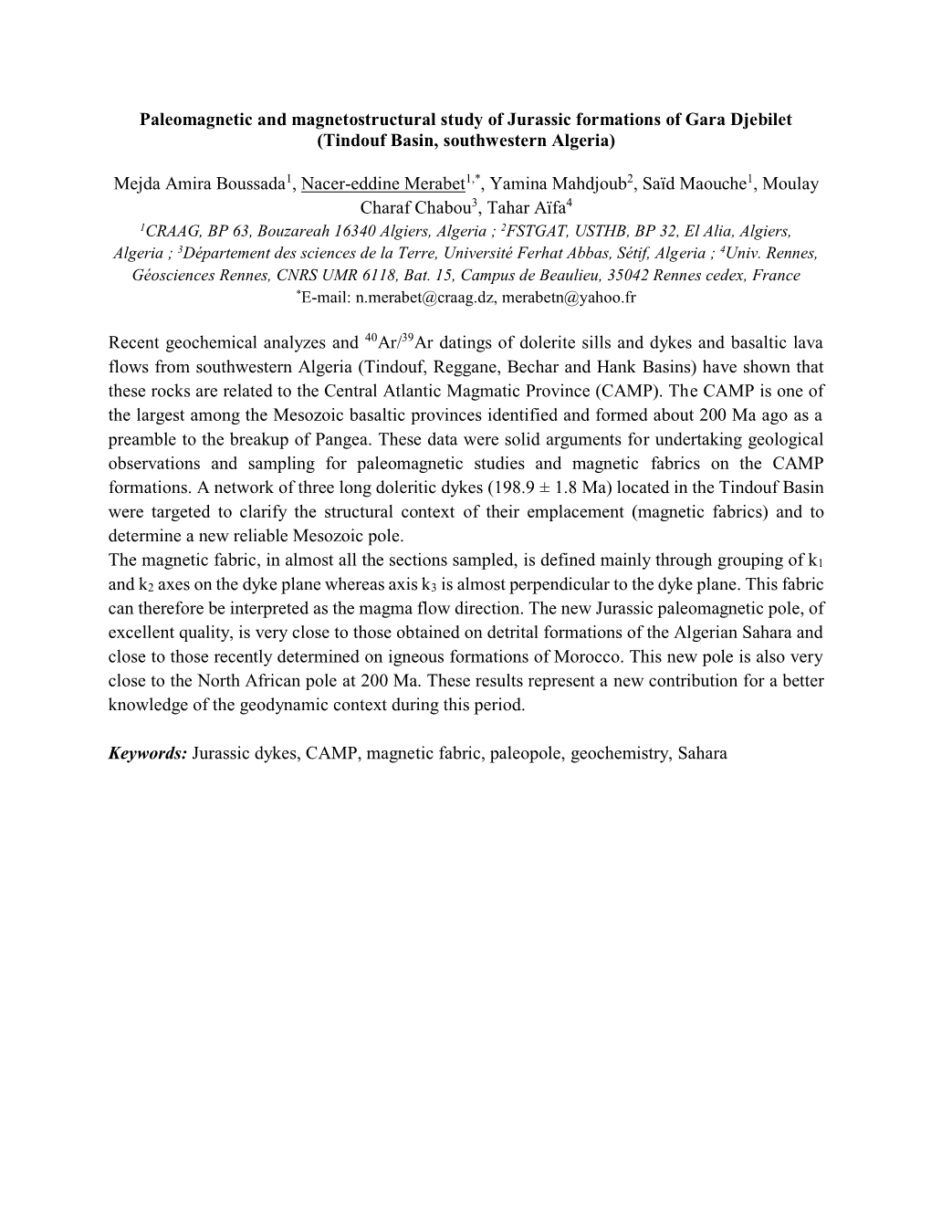 Paleomagnetic and Magnetostructural Study of Jurassic Formations of Gara Djebilet (Tindouf Basin, Southwestern Algeria) Mejda Am