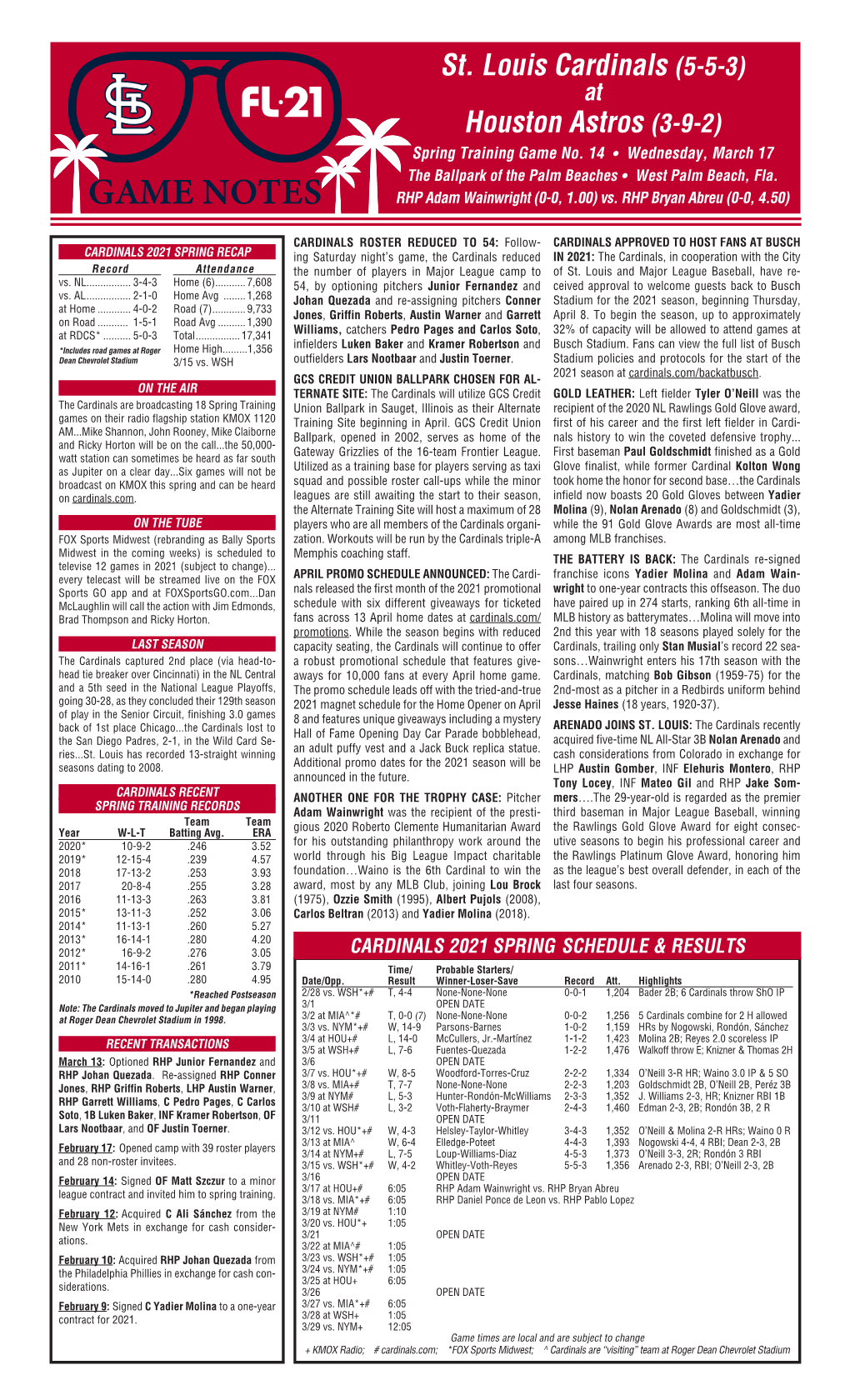 GAME NOTES RHP Adam Wainwright (0-0, 1.00) Vs