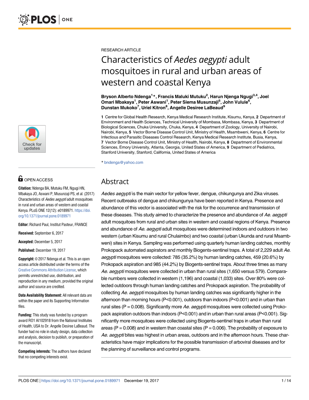 Aedes Aegypti Adult Mosquitoes in Rural and Urban Areas of Western and Coastal Kenya