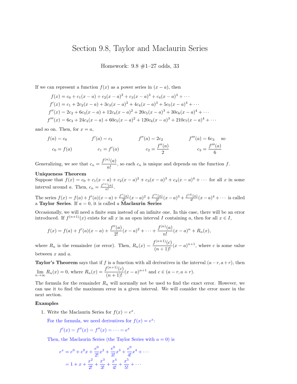 Section 9.8, Taylor and Maclaurin Series