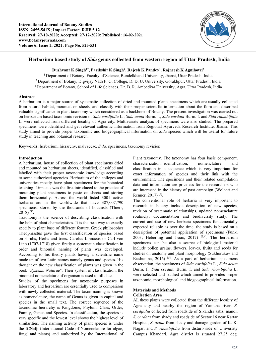 Herbarium Based Study of Sida Genus Collected from Western Region of Uttar Pradesh, India