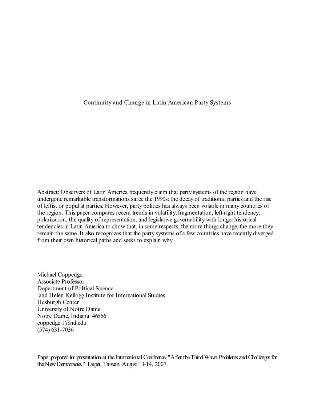 Continuity and Change in Latin American Party Systems