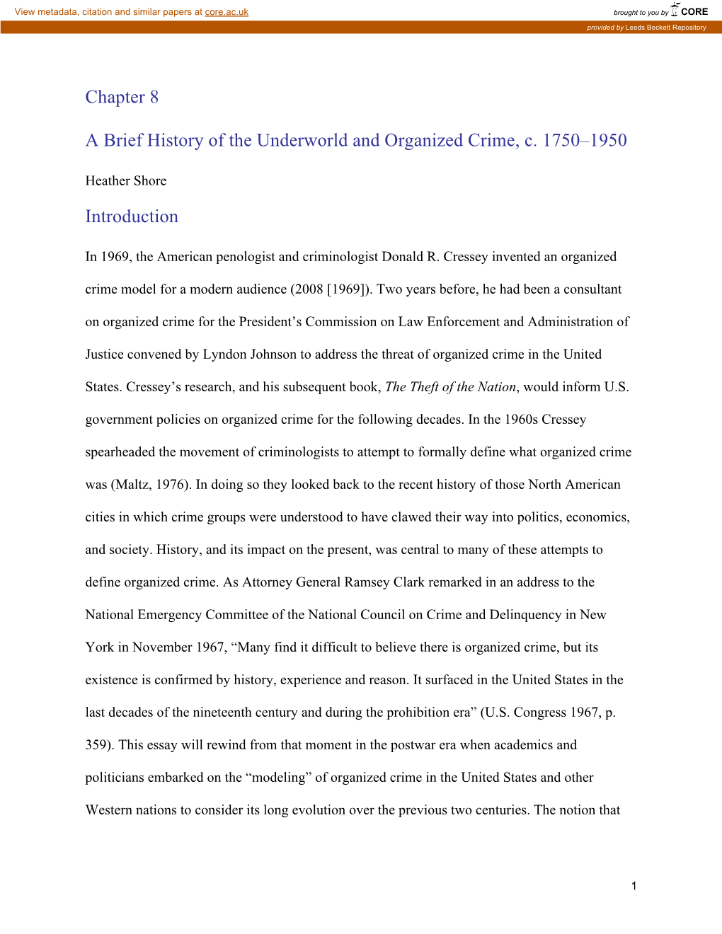 Chapter 8 a Brief History of the Underworld and Organized Crime, C. 1750–1950 Introduction