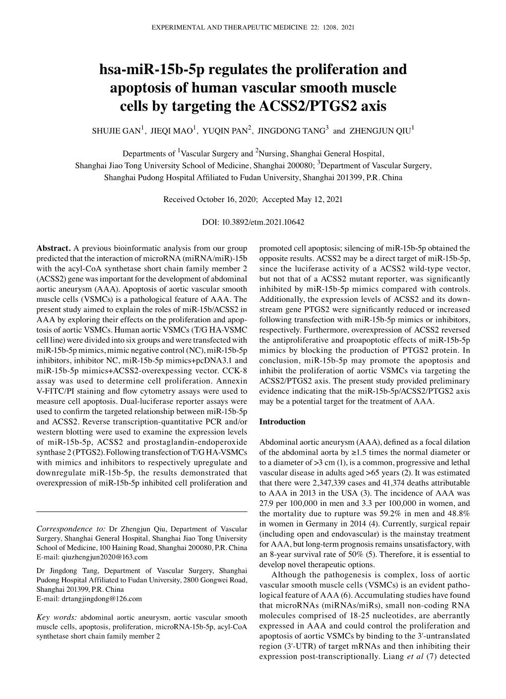 Hsa‑Mir‑15B‑5P Regulates the Proliferation and Apoptosis of Human Vascular Smooth Muscle Cells by Targeting the ACSS2/PTGS2 Axis