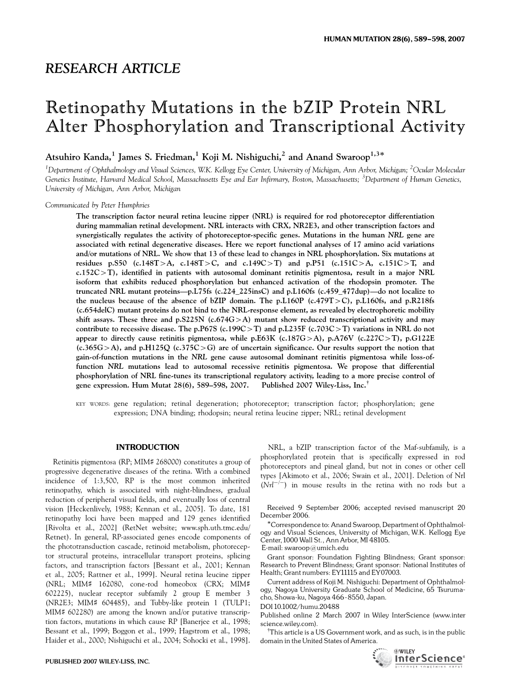 Retinopathy Mutations in the Bzip Protein NRL Alter Phosphorylation and Transcriptional Activity