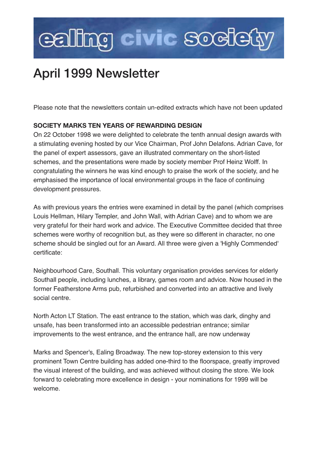 Ealing Civic Society Newsletter – April 1999