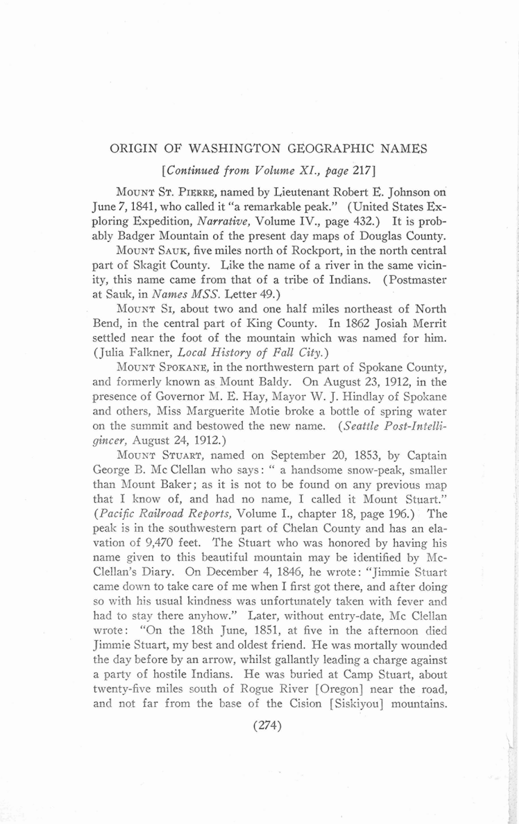 ORIGIN of WASHINGTON GEOGRAPHIC NAMES [Continued from Volume XI., Page 217] MOUNT ST