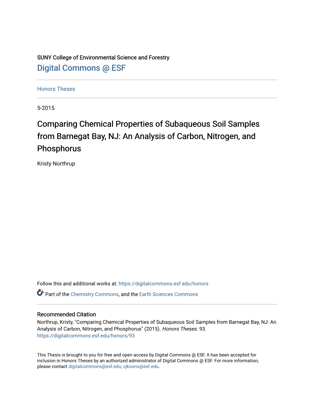 Comparing Chemical Properties of Subaqueous Soil Samples from Barnegat Bay, NJ: an Analysis of Carbon, Nitrogen, and Phosphorus