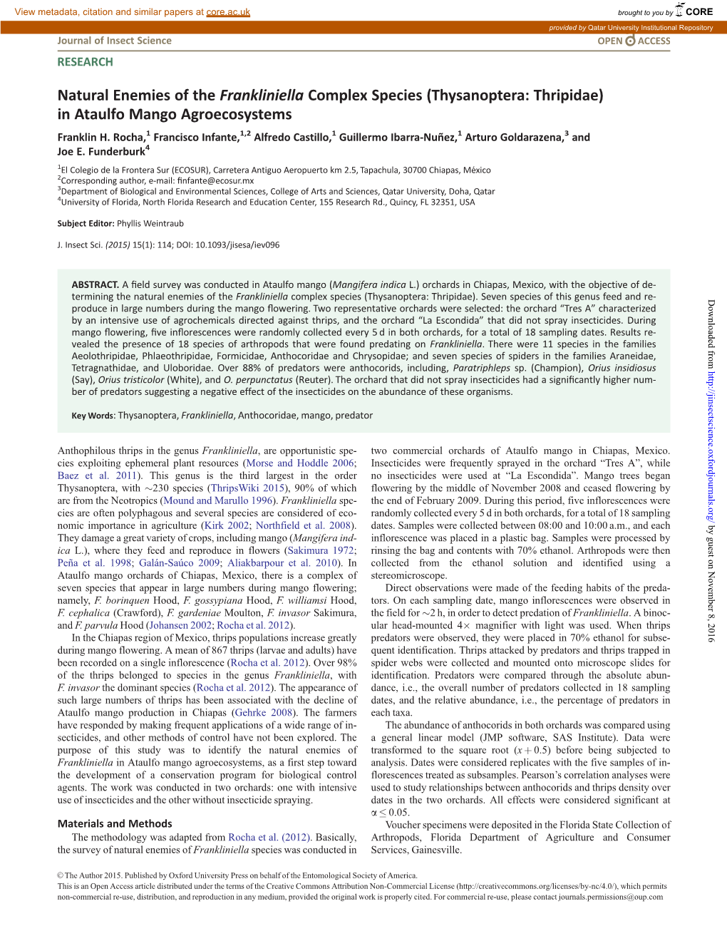 Natural Enemies of the Frankliniella Complex Species (Thysanoptera: Thripidae) in Ataulfo Mango Agroecosystems Franklin H