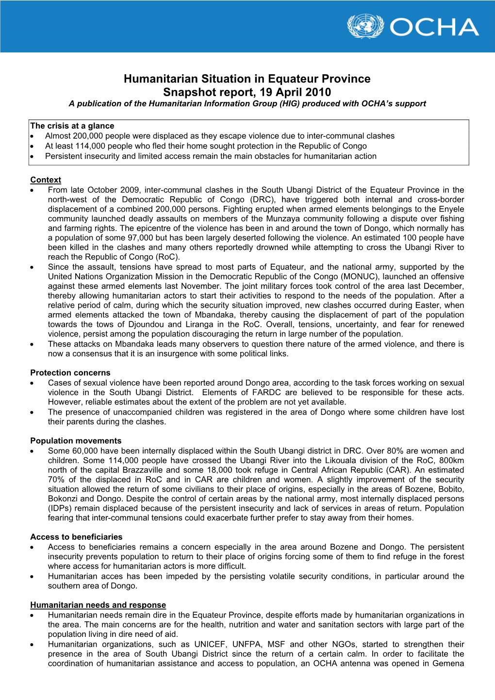 Humanitarian Situation in Equateur Province Snapshot Report, 19 April 2010 a Publication of the Humanitarian Information Group (HIG) Produced with OCHA’S Support