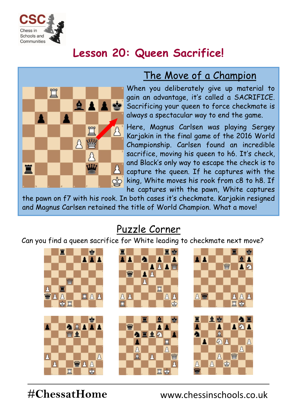 Lesson 20: Queen Sacrifice! #Chessathome