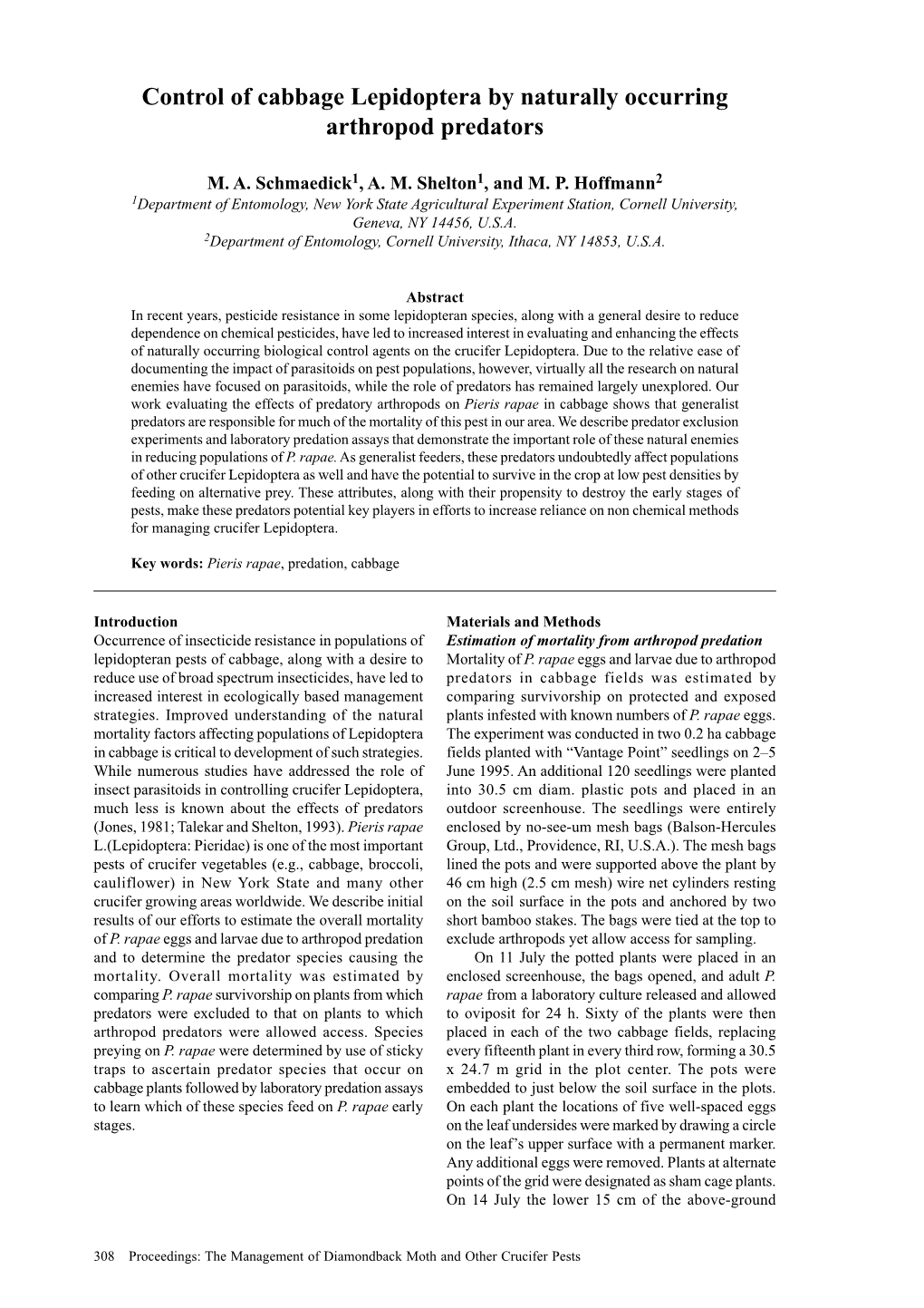 Control of Cabbage Lepidoptera by Naturally Occurring Arthropod Predators