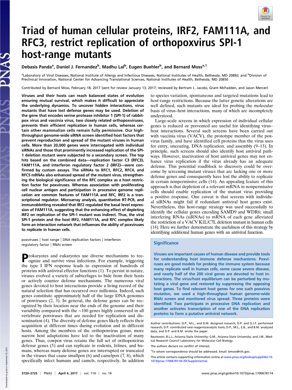 Triad of Human Cellular Proteins, IRF2, FAM111A, and RFC3, Restrict Replication of Orthopoxvirus SPI-1 Host-Range Mutants