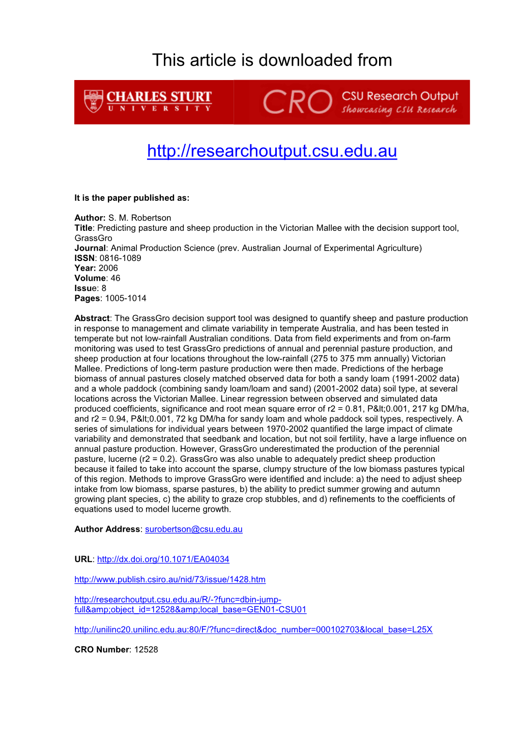 Pasture Parameters and Sheep Production on Farms in the Victorian