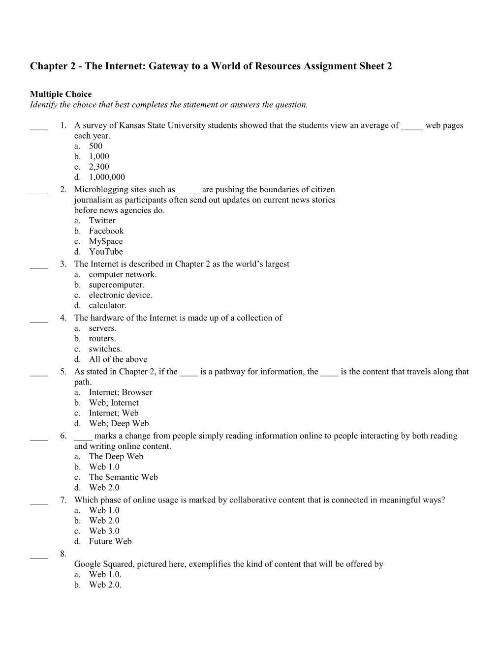 Chapter 2 - the Internet: Gateway to a World of Resources Assignment Sheet 2