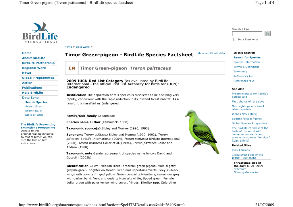 Timor Green-Pigeon (Treron Psittaceus) - Birdlife Species Factsheet Page 1 of 4