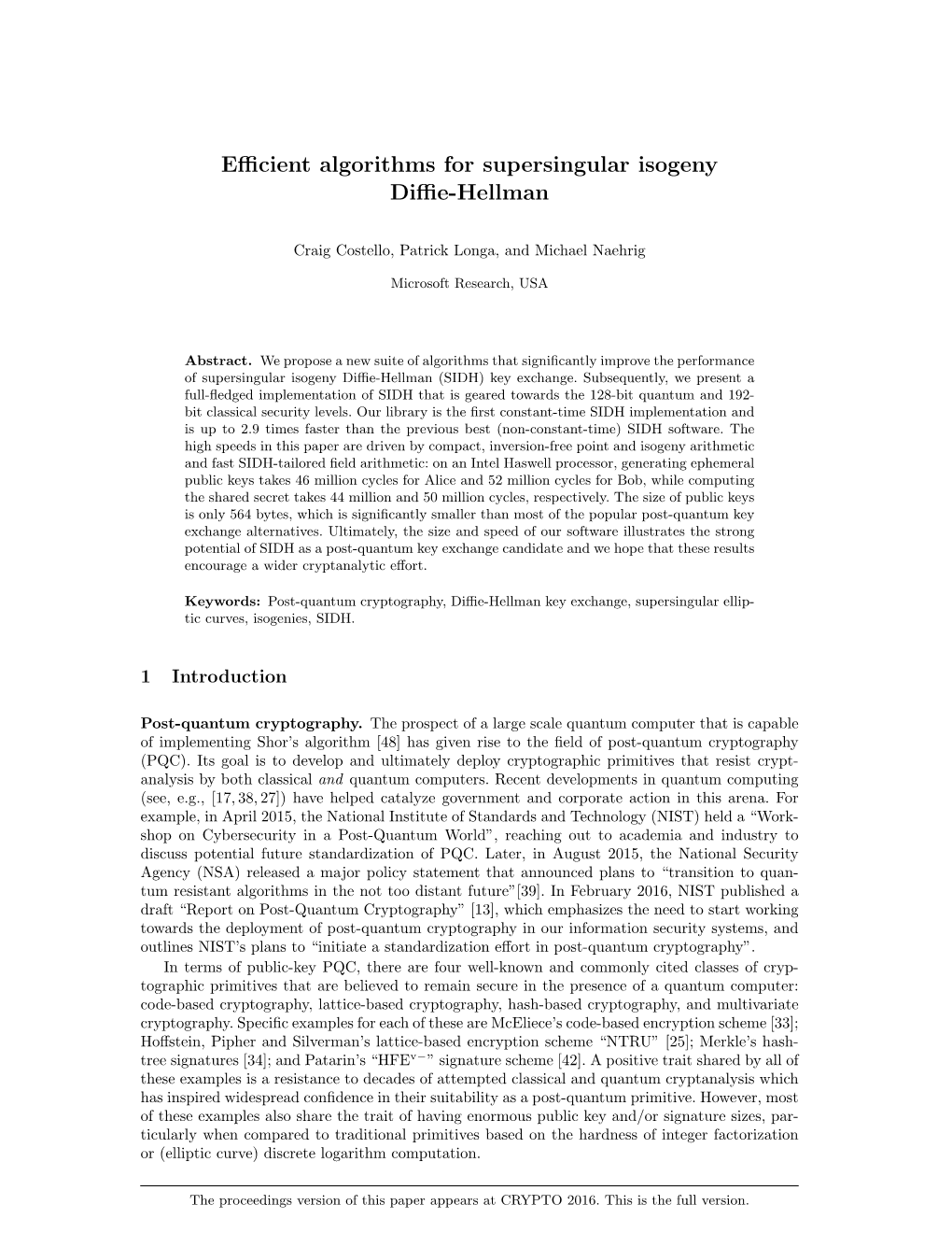 Efficient Algorithms for Supersingular Isogeny Diffie-Hellman