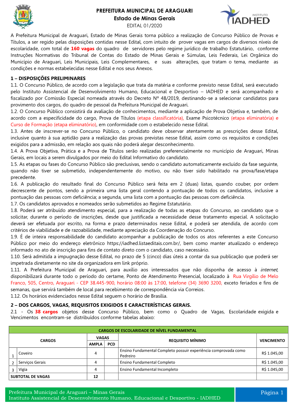 PREFEITURA MUNICIPAL DE ARAGUARI Estado De Minas Gerais EDITAL 01/2020