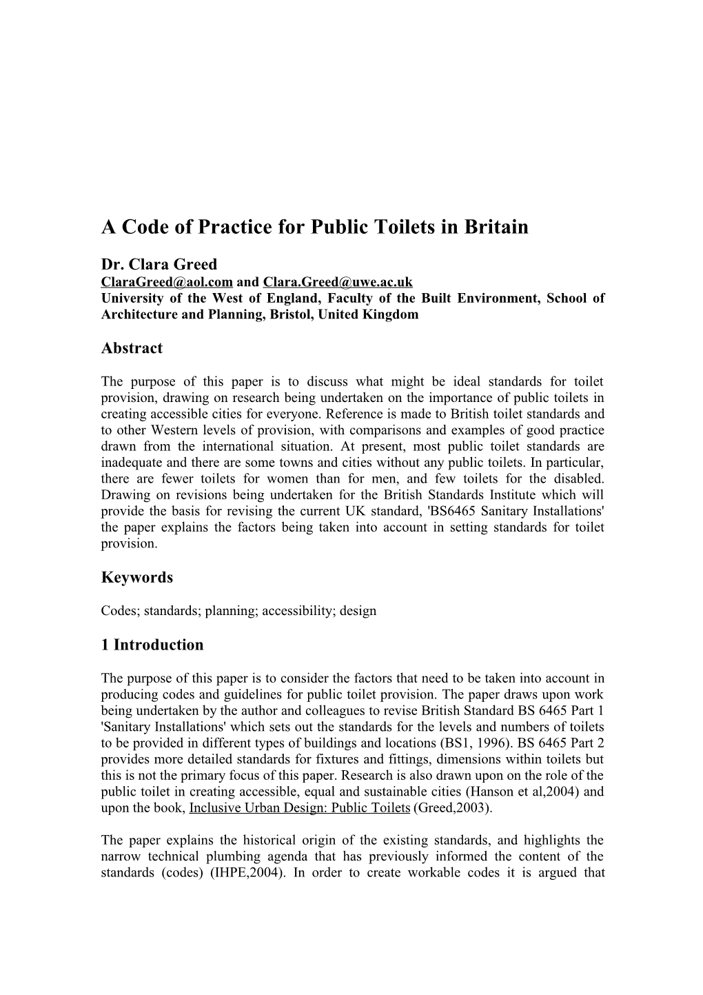 A Code of Practice for Public Toilets in Britain