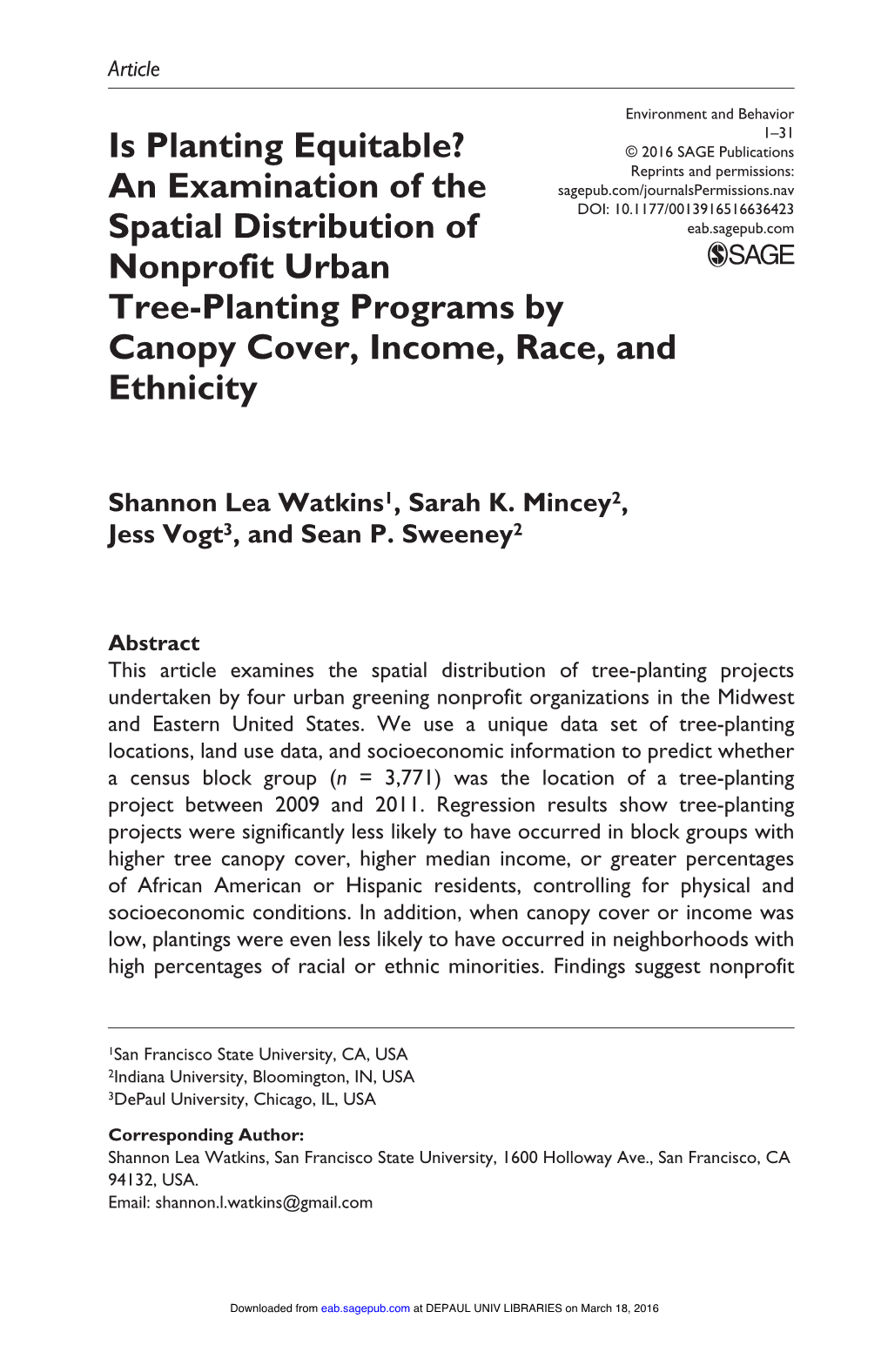 An Examination of the Spatial Distribution of Nonprofit Urban Tree-Planting Programs by Canopy Cover