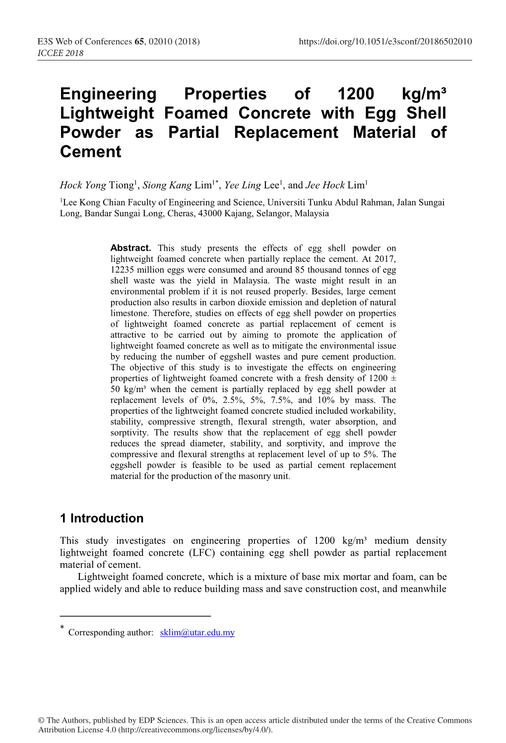 Engineering Properties of 1200 Kg/M³ Lightweight Foamed Concrete with Egg Shell Powder As Partial Replacement Material of Cement