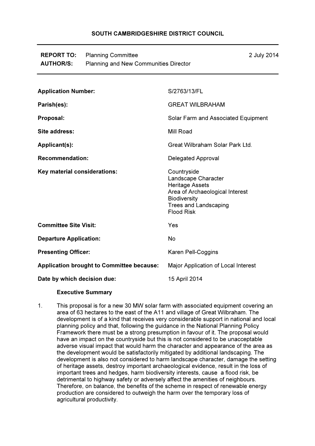 South Cambridgeshire District Council Report To