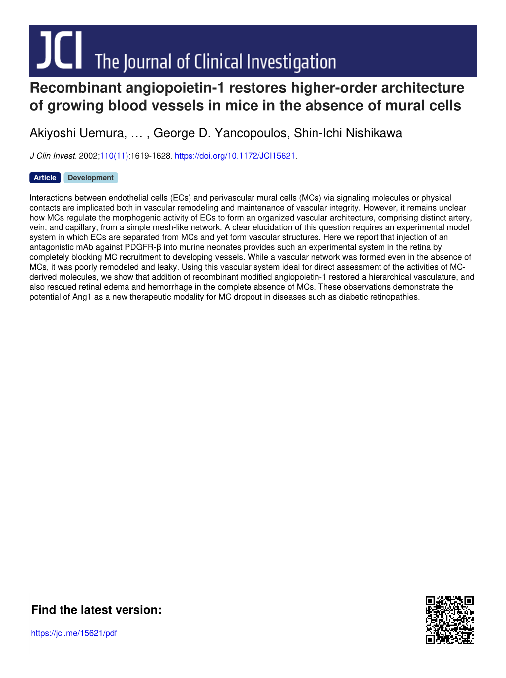 Recombinant Angiopoietin-1 Restores Higher-Order Architecture of Growing Blood Vessels in Mice in the Absence of Mural Cells