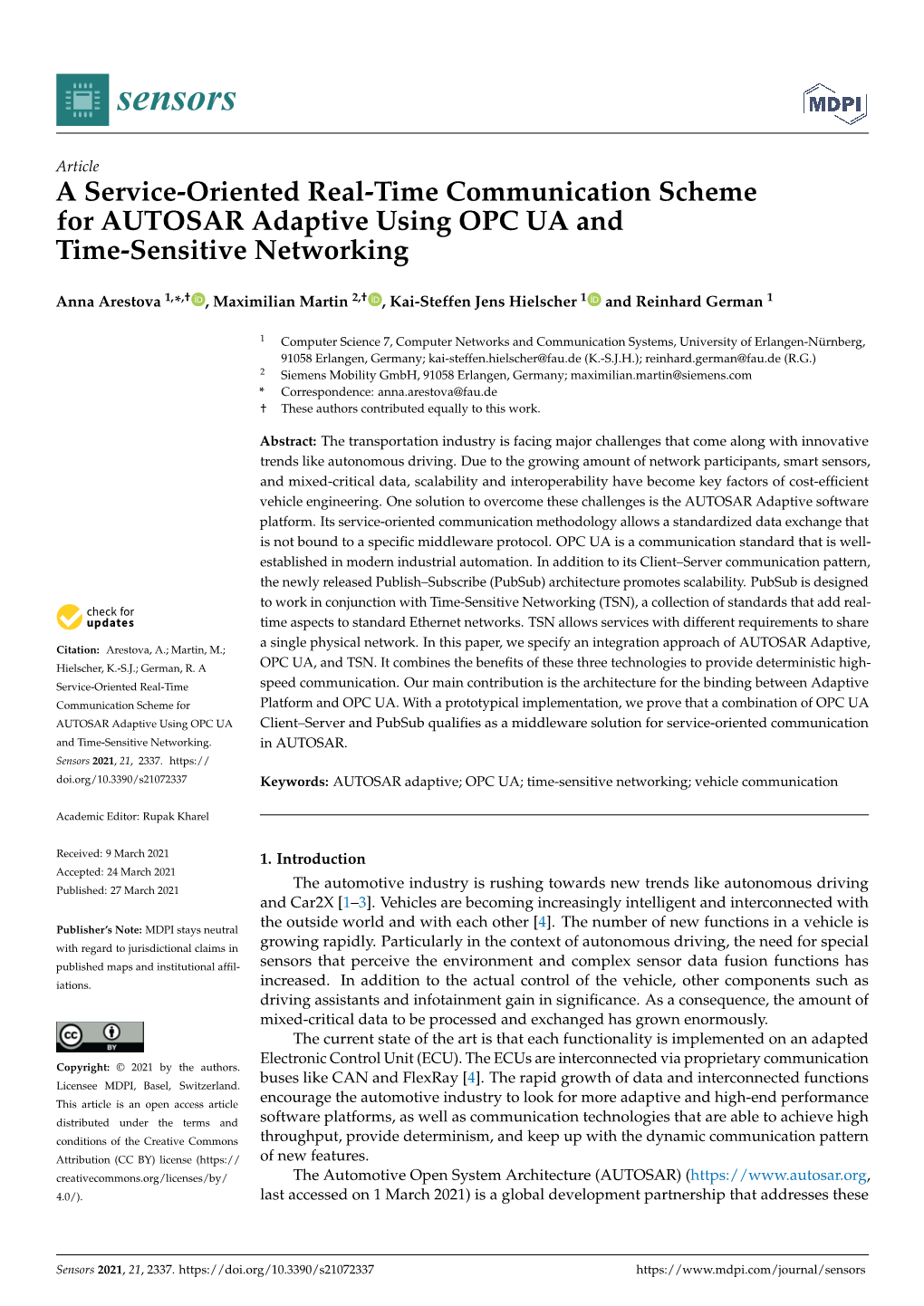 A Service-Oriented Real-Time Communication Scheme for AUTOSAR Adaptive Using OPC UA and Time-Sensitive Networking