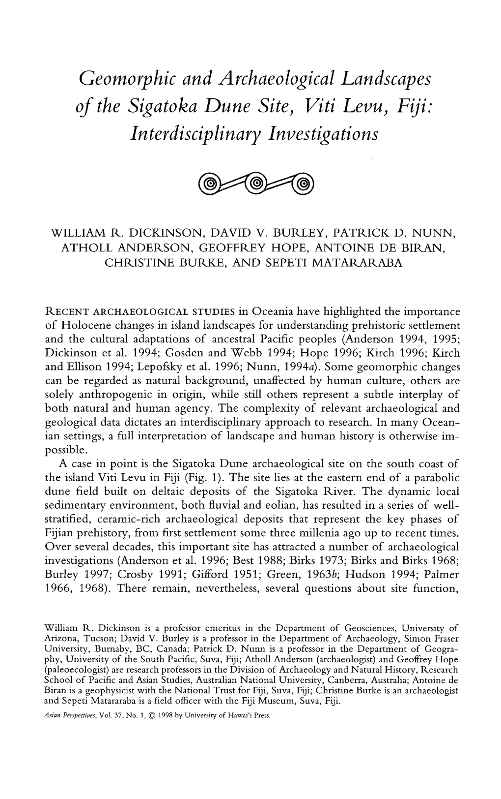 Geomorphic and Archaeological Landscapes of the Sigatoka Dune Site) Viti Levu) Fiji: Interdisciplinary Investigations