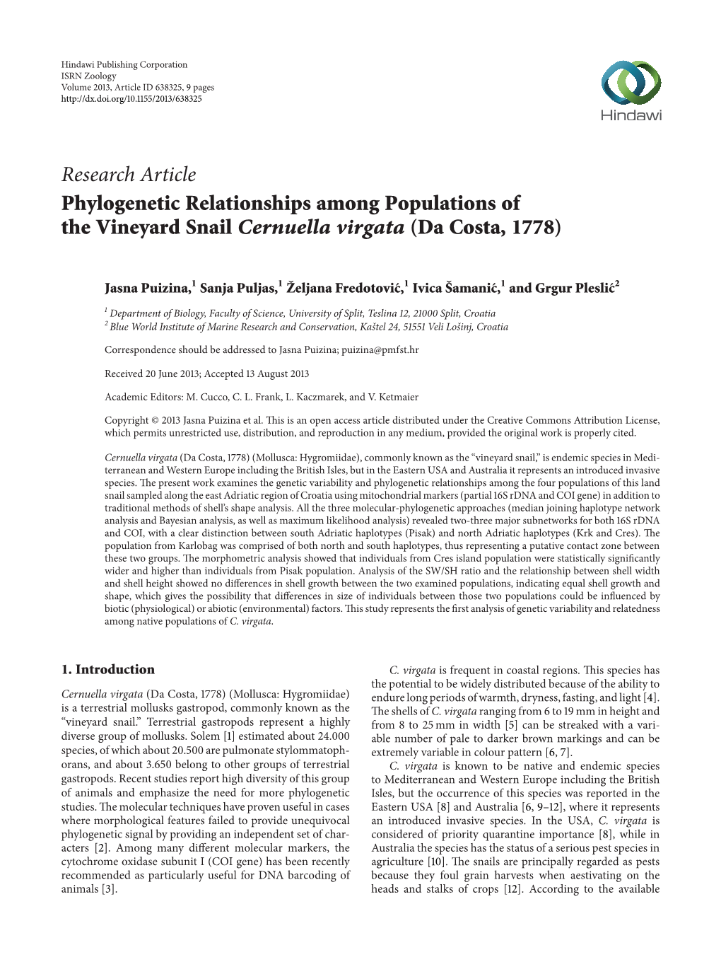 Phylogenetic Relationships Among Populations of the Vineyard Snail Cernuella Virgata (Da Costa, 1778)