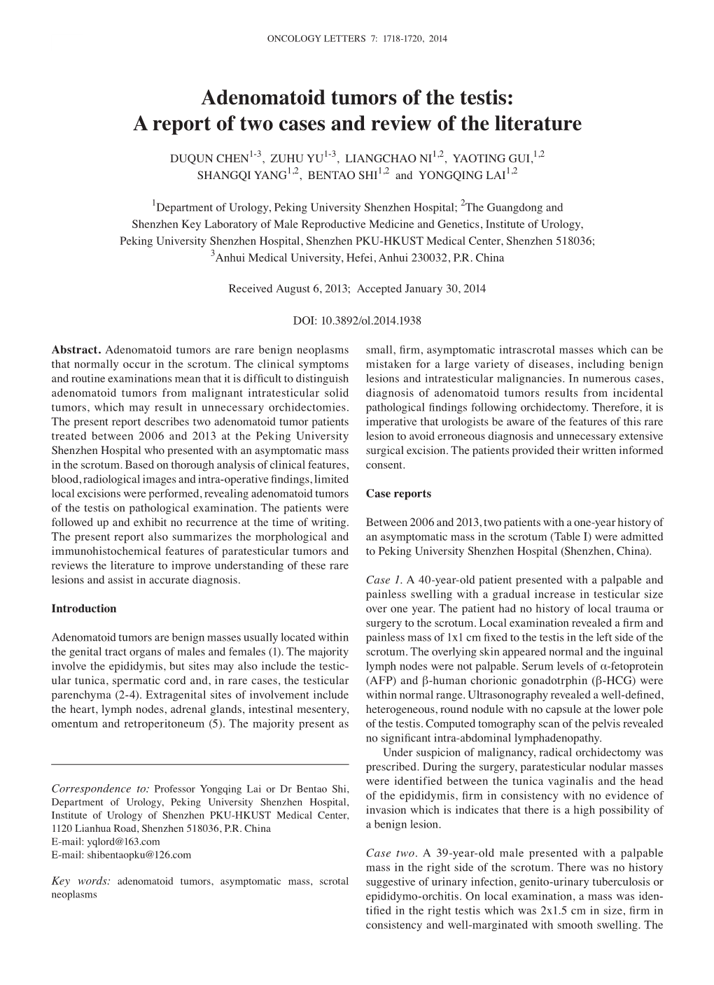 Adenomatoid Tumors of the Testis: a Report of Two Cases and Review of the Literature