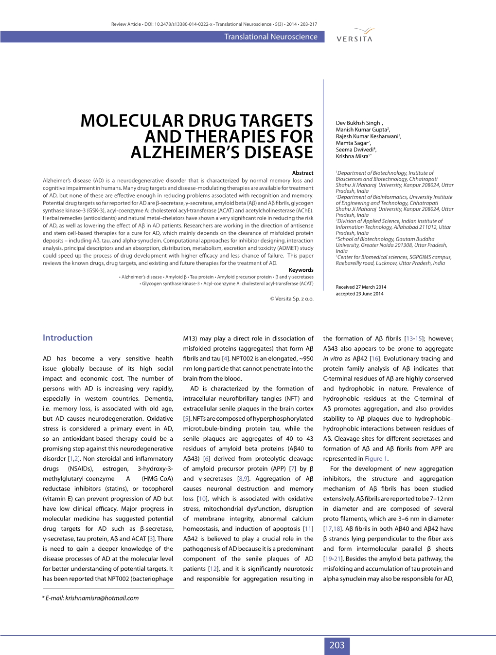 Molecular Drug Targets and Therapies for Alzheimer's