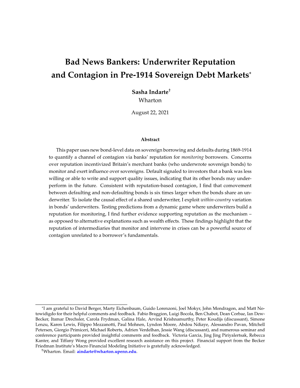 Bad News Bankers: Underwriter Reputation and Contagion in Pre-1914 Sovereign Debt Markets*