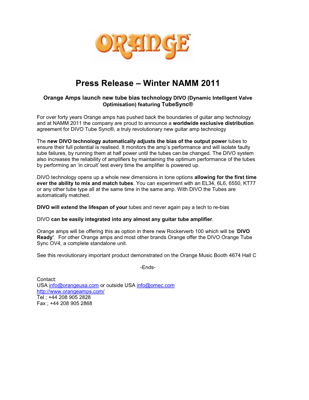 Press Release – Winter NAMM 2011