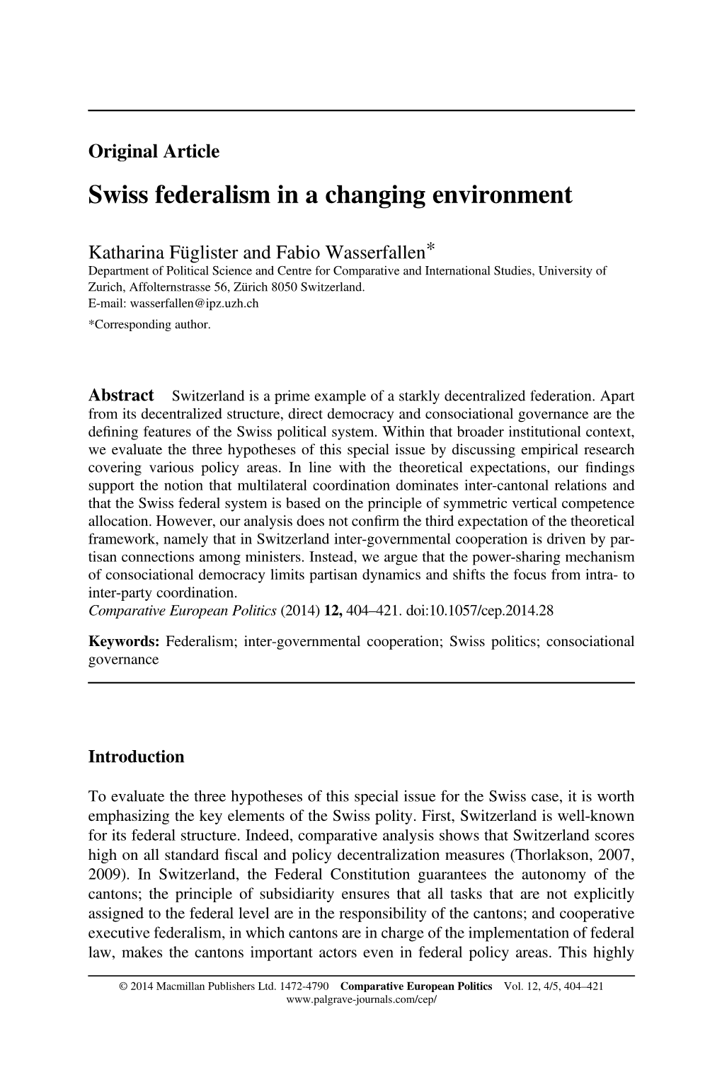 Swiss Federalism in a Changing Environment