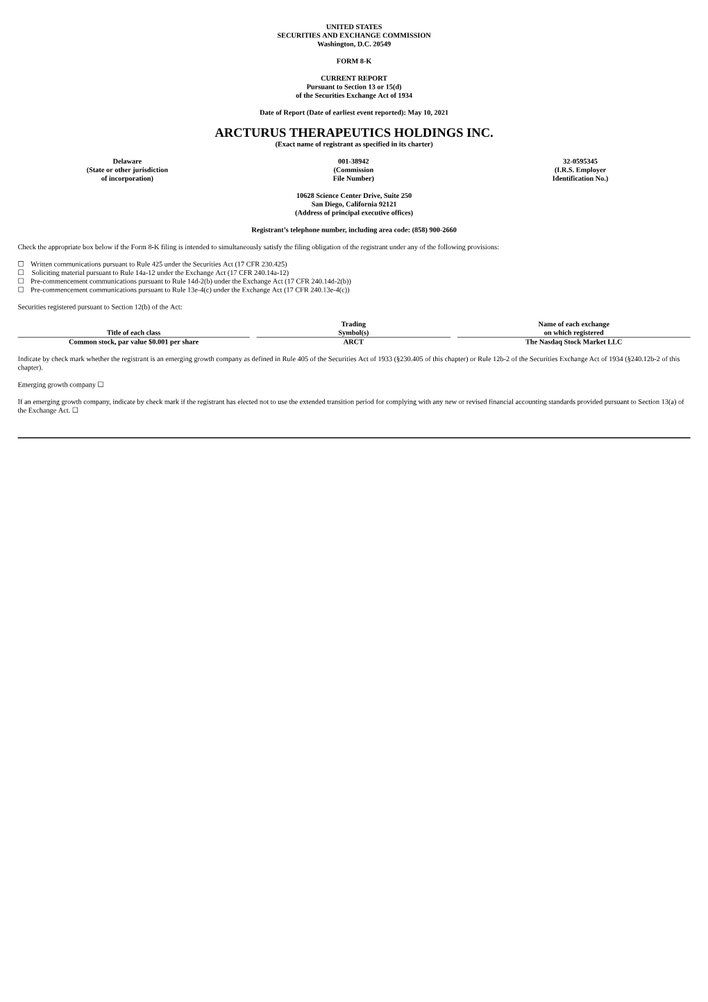 ARCTURUS THERAPEUTICS HOLDINGS INC. (Exact Name of Registrant As Specified in Its Charter)