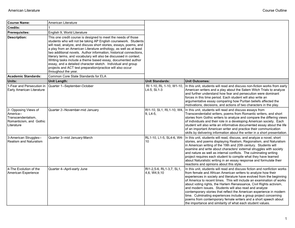 American Literature Course Outline 1