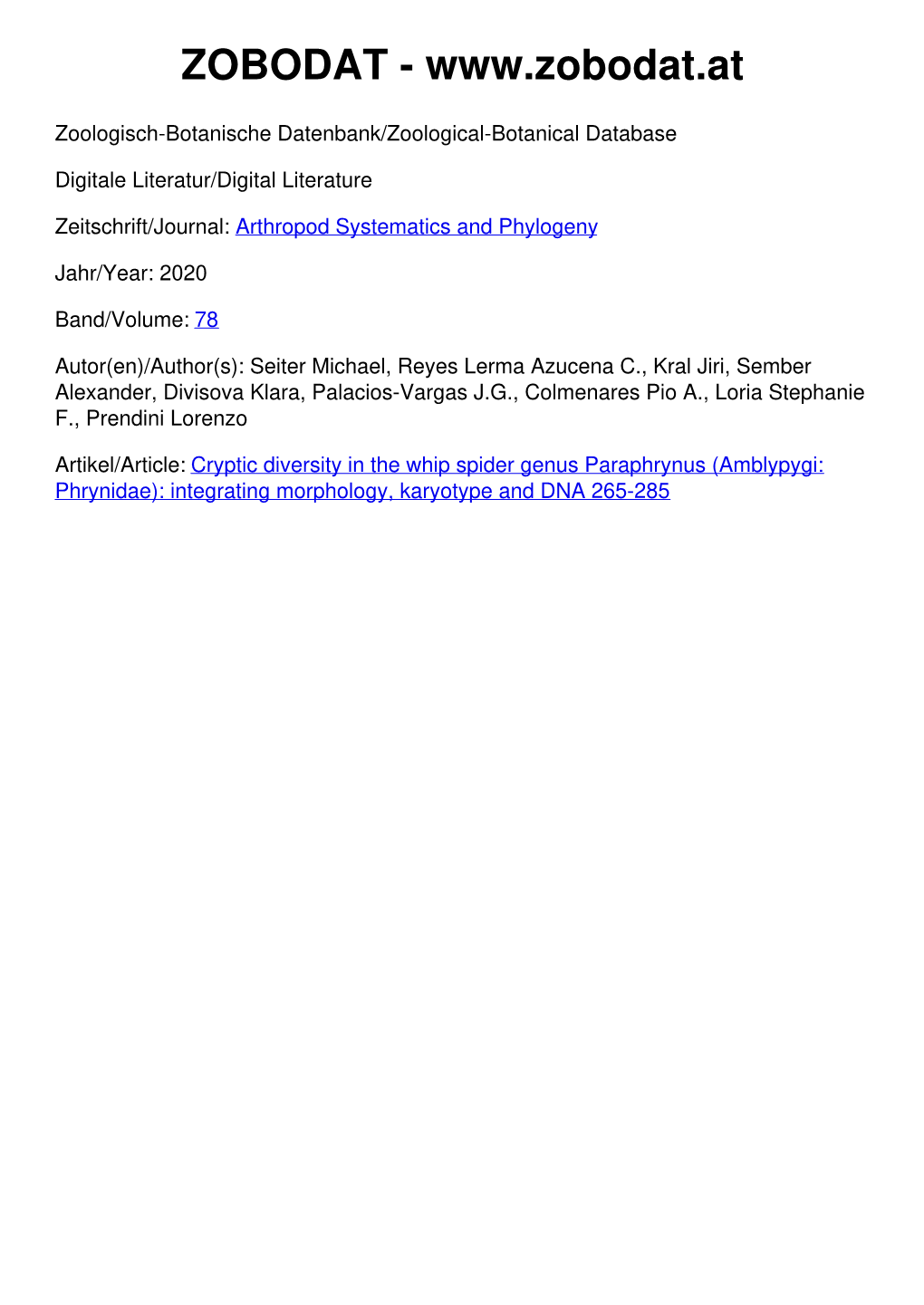 Amblypygi: Phrynidae): Integrating Morphology, Karyotype and DNA 265-285 78 (2): 265 – 285 2020