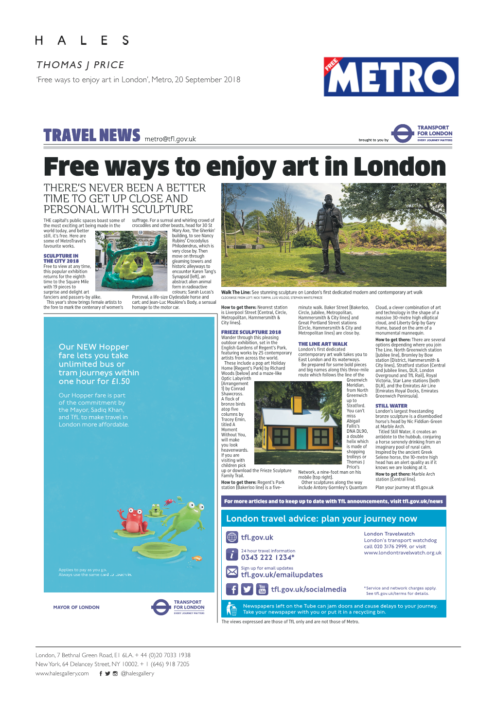 Free Ways to Enjoy Art in London’, Metro, 20 September 2018