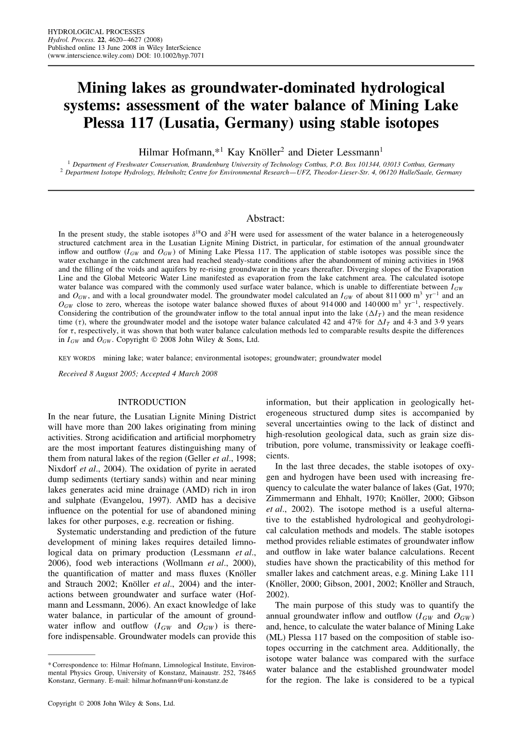 Assessment of the Water Balance of Mining Lake Plessa 117 (Lusatia, Germany) Using Stable Isotopes