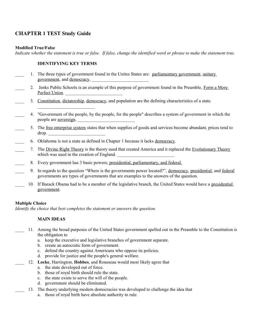 CHAPTER 1 TEST Study Guide