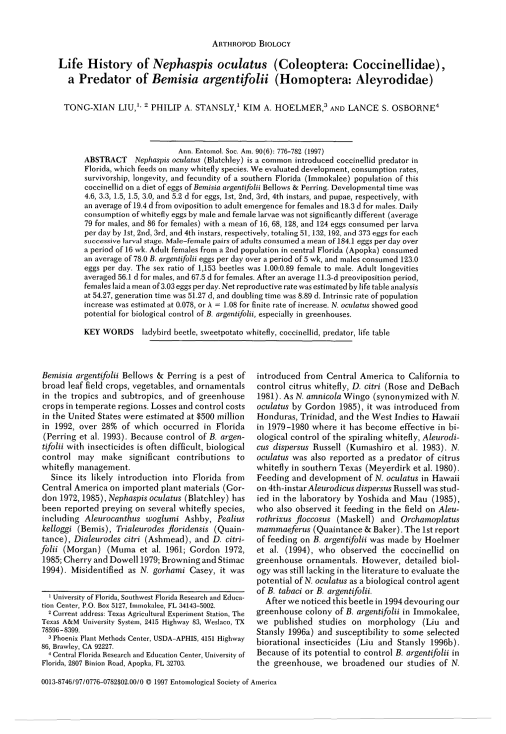 Life History of Nephaspis Oculatus (Coleoptera: Coccinellidae), a Predator of Bemisia Argentifolii (Homoptera: Aleyrodidae)