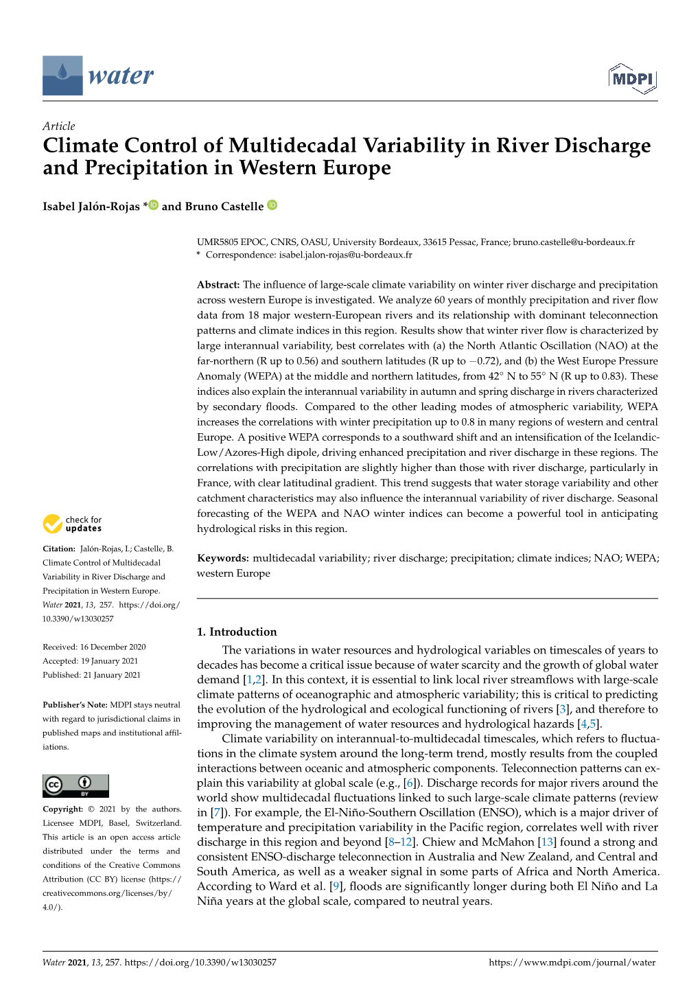 Climate Control of Multidecadal Variability in River Discharge and Precipitation in Western Europe