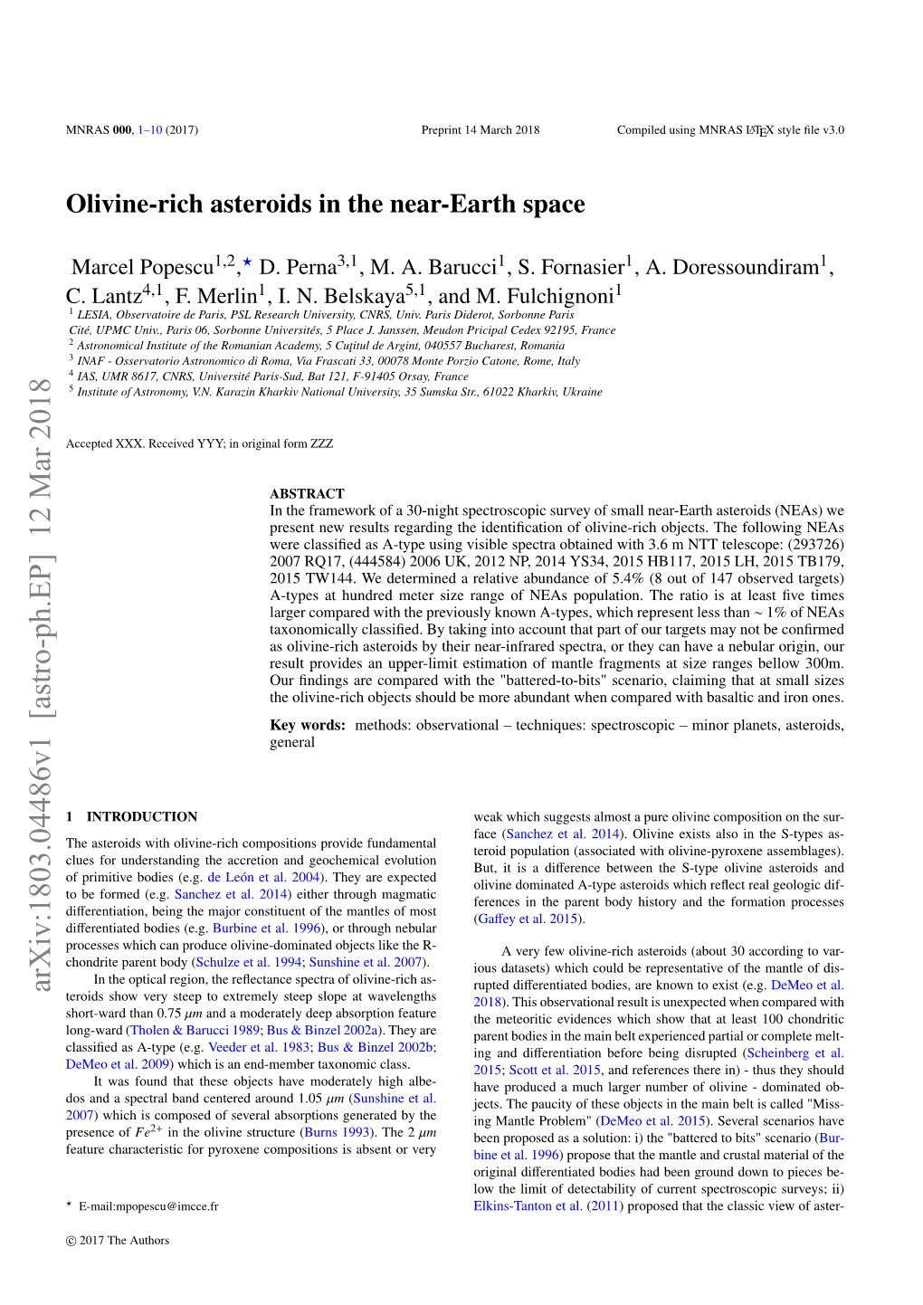 Olivine-Rich Asteroids in the Near-Earth Space